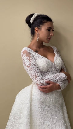 G21-145A - Vestido de novia princesa de encaje marfil con pedrería - GELİNLİK21