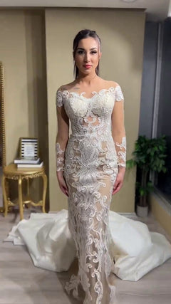 G21-148A - Vestido de novia princesa de encaje marfil con pedrería - GELİNLİK21