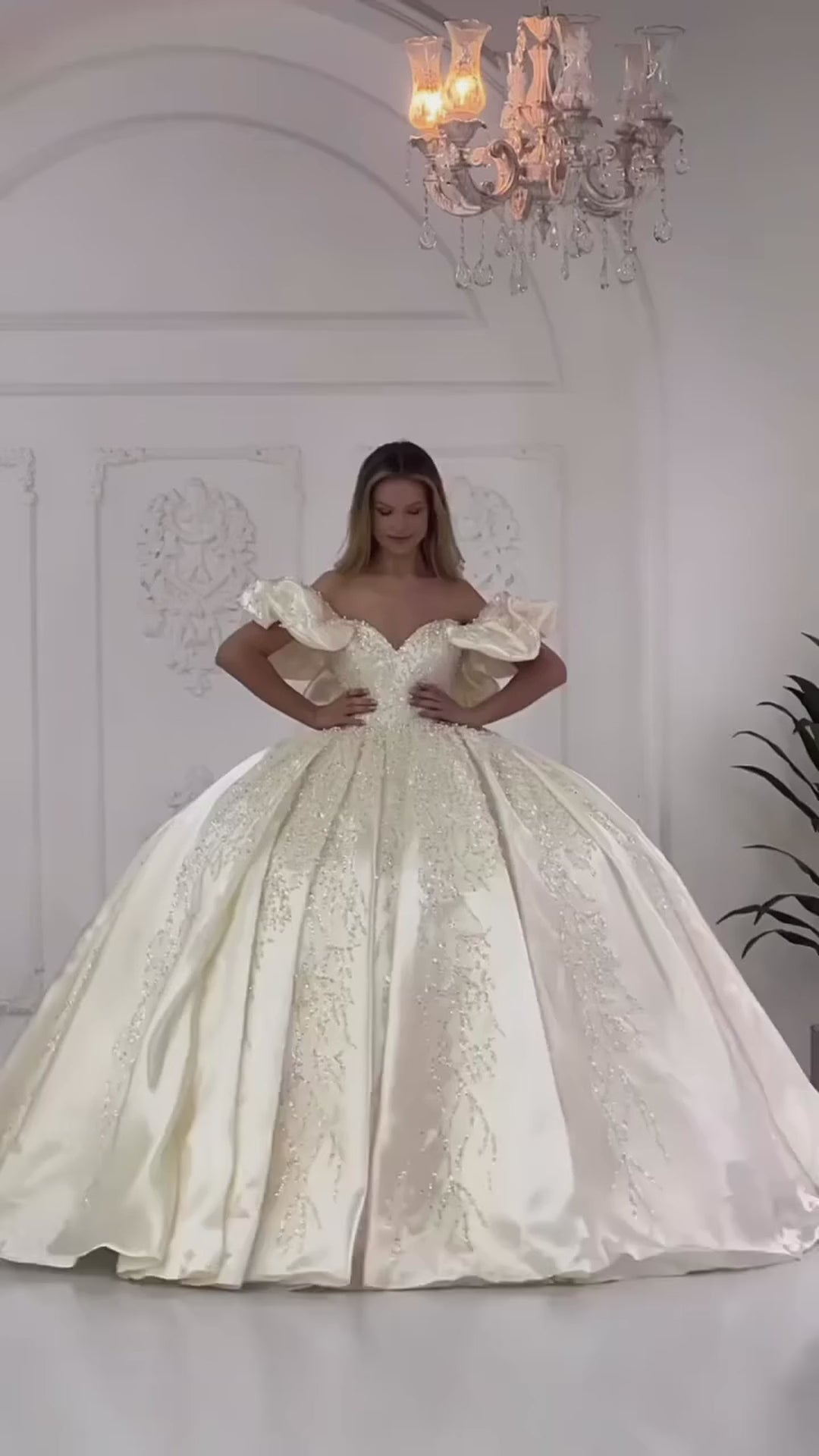 G21-031 Vestido de novia princesa de encaje marfil con cola capilla