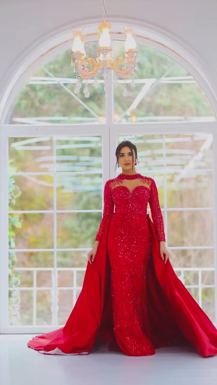 G21-118A - Vestido de novia princesa de encaje carmesí con pedrería