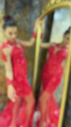 G21-143A - Vestido de novia princesa de encaje carmesí con pedrería