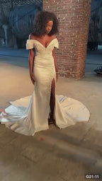G21-011 Marfil Sirena Encaje Vestido de novia con hombros descubiertos con cola capilla
